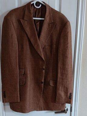 Arnold Brant Sport Coat Blazer Brown Houndstooth Hemp Linen Italy Ticket Pocket